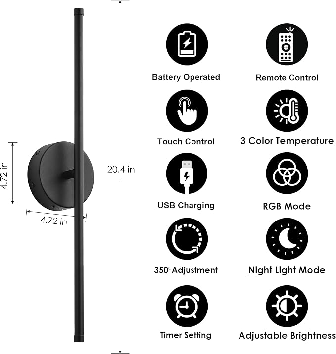 KARTOOSH Battery Operated Wall Sconces Set of Two, with Remote Control, Dimmable, Warm White/Natural White/Daylight/RGB, 350°Rotate, LED Black Wireless Wall Light for Living Room, Bedroom, 20.4 Inch
