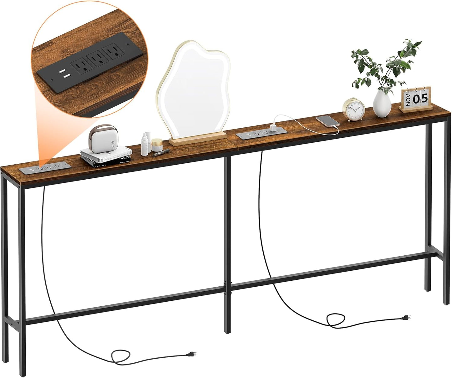 Narrow Sofa Table with 2 Power Outlets, 71” Thin Console Tables Narrow Long, Behind Couch Table Skinny, Wood Console Tables for Entryway, Living Room, Hallway, Foyer, Rustic Brown