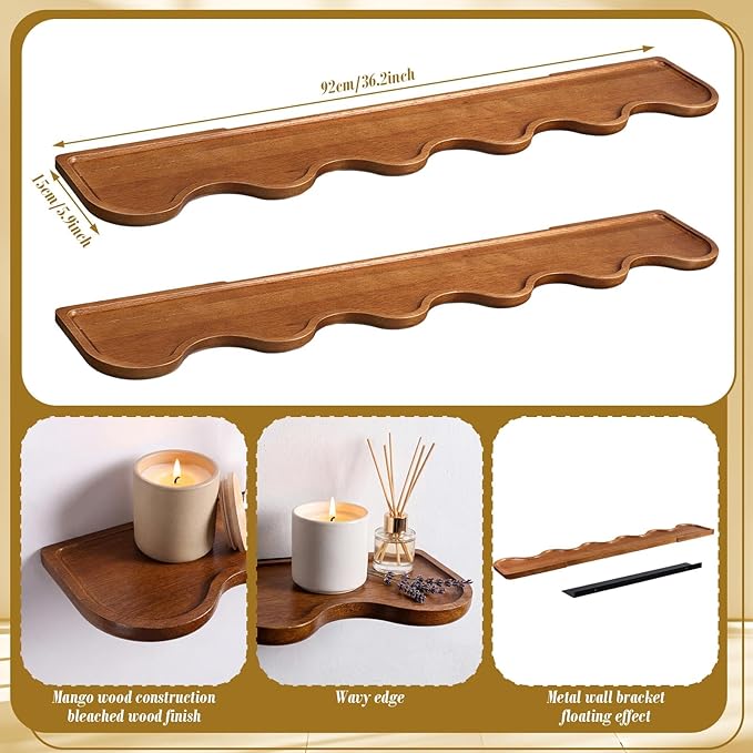 Pinkunn 2 Pcs Walnut Floating Shelves for Wall 36 Inch Wave Edge Floating Shelf Wooden Live Edge Shelves Wall Decor for Bathroom Bedroom Living Room Office, Scalloped Mounted Display Hanging Shelf