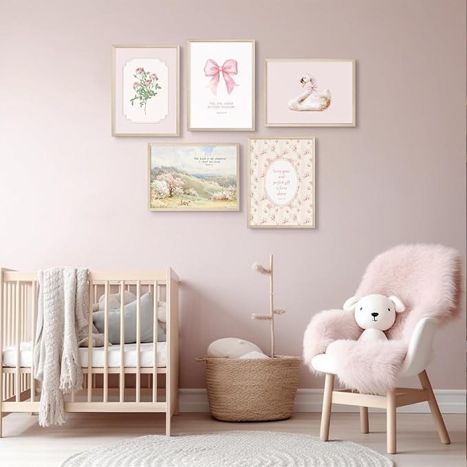 Nursery Christian Wall Art Bible Verses Canvas Wall Decor Baby Girl Room Poster Vintage Pink Nursery Prints Decor Floral Bow Swan Artwork Jesus Scripture Picture for Bedroom 8x10x5 Inch Wood Framed
