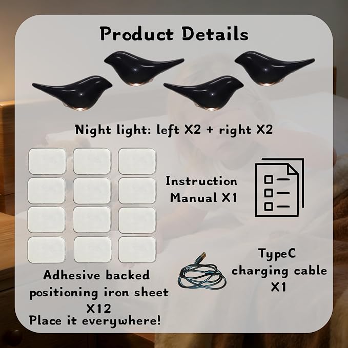 Cute Bird Night Light: Motion Sensor Lights Indoor - Magnetic Mounting & 3 Color Dimmable - One Charge Three Weeks of Worry-Free Use - 4-Pack Set (Obsidian)