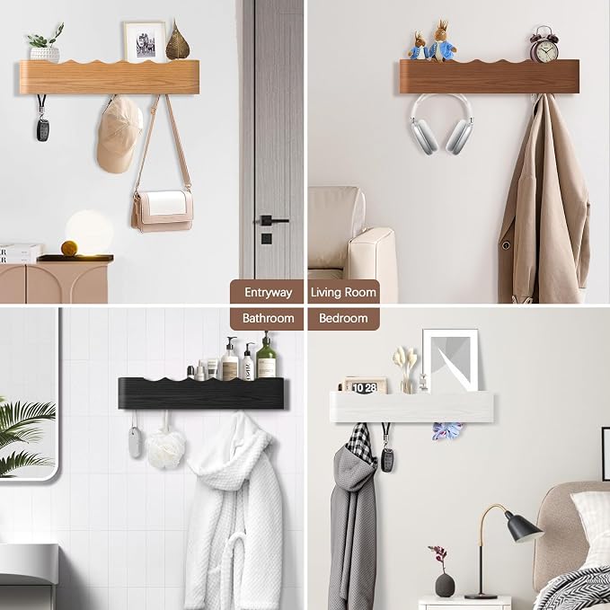 Coat Rack Wall Mount with Hidden Hooks, Wall Hooks with Shelf, Wall Key Holder Mount Wooden Shelf Entryway Hooks for Bedroom Bathroom for Hanging Coats Hats Bags Towels (Walnut Wave-Shape, 5 Hooks)