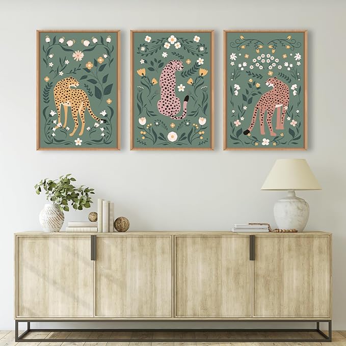 KAIRNE Sage Green Cheetah Framed Canvas Wall Art Set,Boho Leopard Floral Wall Decor,Abstract Animal Wildflower Art Prints,Modern Botanical Artwork for Living Room,Bedroom,Farmhouse,Office-24 x36 x3