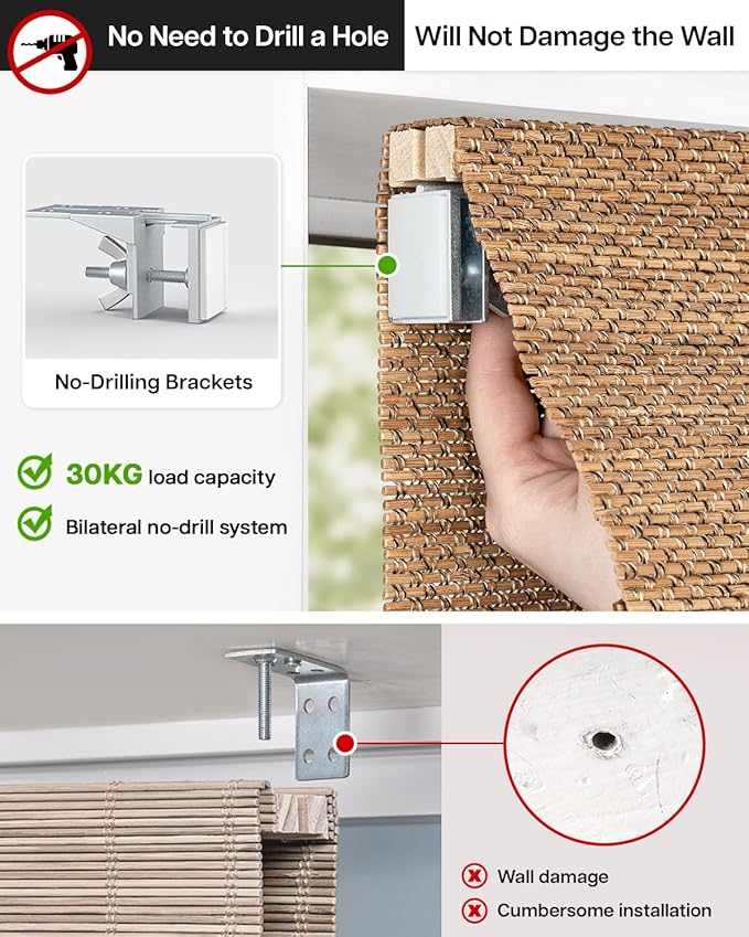 LazBlinds No Drill Cordless Bamboo Roman Shades, Light Filtering Blinds for Indoor Windows, Roll Up Bamboo Blinds for Home, 20" W x 48" H, Star-Brown