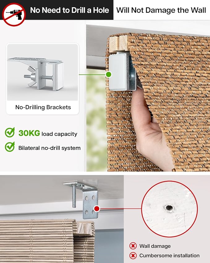 LazBlinds No Drill Cordless Bamboo Roman Shades, Light Filtering Blinds for Indoor Windows, Roll Up Bamboo Blinds for Home, 21" W x 48" H, Star-Brown