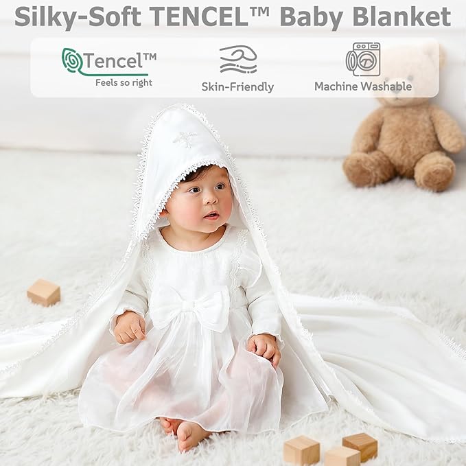 Tencel Christening Baby Blanket – Soft Lyocell Baptism Blanket with Classic Lace Border and Minimal Cross Embroidery, 39.4×39.4 in, Timeless Heirloom Gift for Boys & Girls