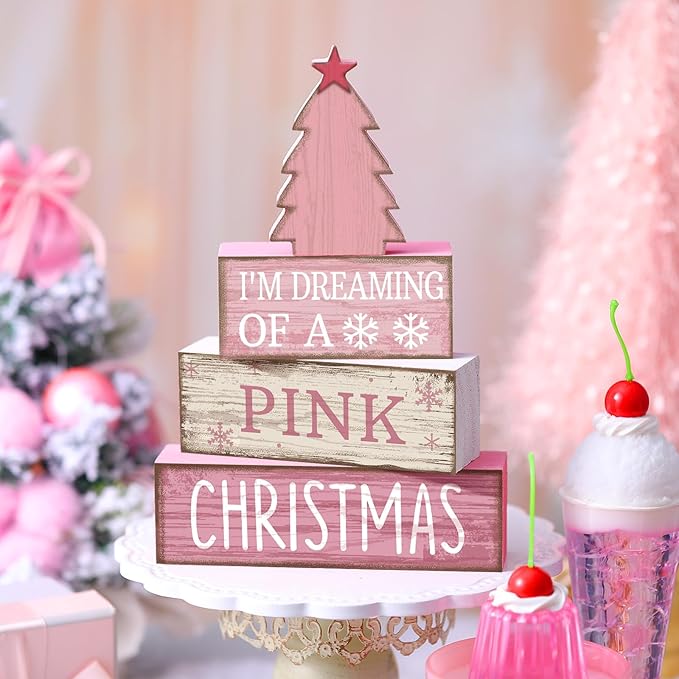Lineshading 4 Pcs Christmas Table Decoration Wooden Pink Christmas Tree Centerpieces Decor Winter Tiered Tray Decor Rustic Decorative Tree Block Signs Gift Farmhouse Xmas Decoration for Home Kitchen