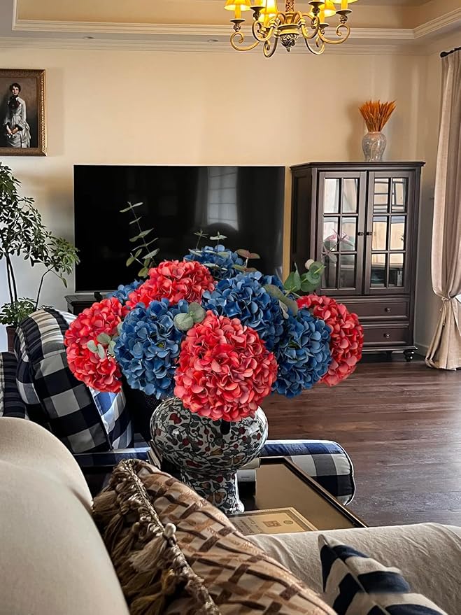 ZYTUYO 5 Pcs Dark Blue Silk Hydrangeas Artificial Flower Boho Dried Touch 20'' Faux Hydrangeas for Fall Indoor Home Decor Kitchen Living Room Outdoor Porch Wedding Flower Arrangement