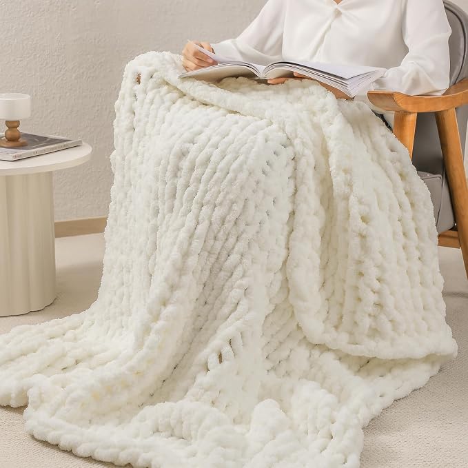 bearberry Chunky Knit Throw Blanket 60x80 Inches Handmade, Soft Jumbo Chenille Yarn with Cable Rope Knot Design, Thick Cozy Large Blanket for Couch, Sofa, Bed & Living Room Home Decor, Cream