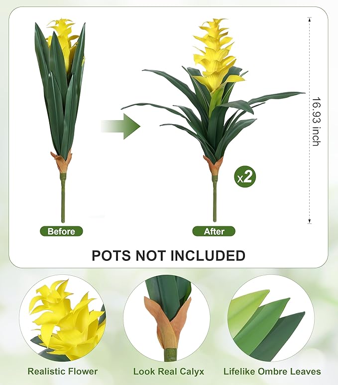 Ivydale Fake Flowers Plants for Outdoors, 2 Pcs 16.93" Bromeliad Artificial Flowers Uv Resistant Realistic Faux Flowers for Outdoor Planters Outside Porch Patio Yard Garden Indoor Decoration(Yellow)