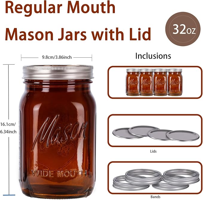 Rubtlamp Amber Mason jar 32 oz, 12 Pack Glass Jars - Wide Mouth Mason Jars with Airtight Lids for Pickling, Fermenting, Food Storage&DIY Crafts, Microwave & Dishwasher Safe