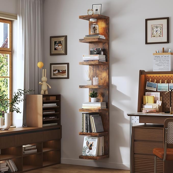 7-Tier Wall Shelf Unit with USB Rechargeable Led Light (Remote Controlled),Versatile Floating Display Shelves,Lack Style Wall Shelves for Bedroom,Living Room,Office Decor,Vanity-Rustic Brown
