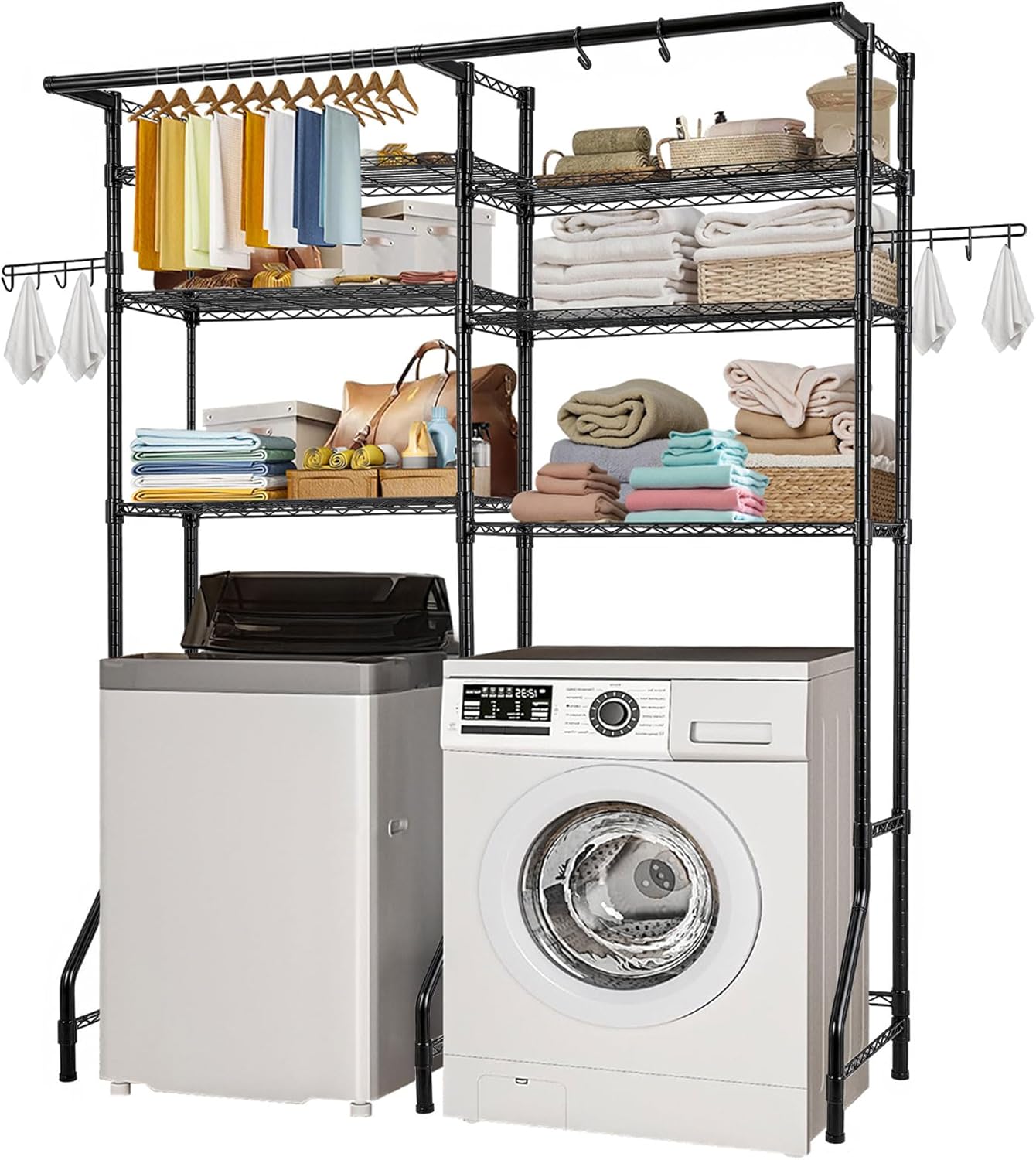 VEVOR Over The Washer and Dryer Storage Shelf, 6 Tier Laundry Room Drying Rack with Hanger Rod and Hooks, Adjustable Over Washer and Dryer Shelves, Laundry Room Shelf Storage Space Saver, Black