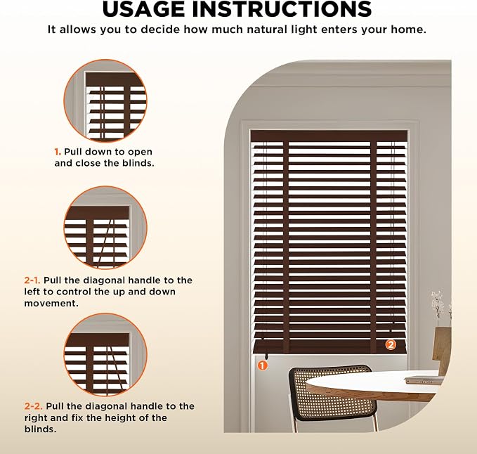 2" Slats Wood Blinds for Indoor Windows: Solid Wooden Blackout Blinds & Shades,Black Out Privacy Horizontal Blinds for Home Bedroom Bathroom Living Room Windows and Doors 43.5" WX72 H Dark Brown