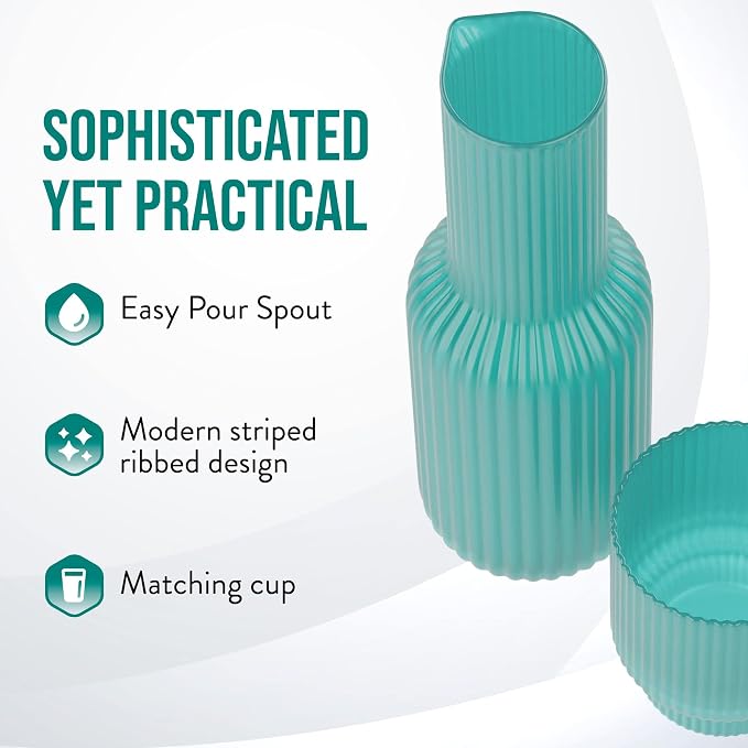 American Atelier 30 oz Ribbed Glass Water Carafe Set with Tumbler, Set of 2 – 10" Easy Pour Spout, Cup for Office, Kitchen & Bedside Use, Stylish and Functional Drinkware (Aqua Blue)