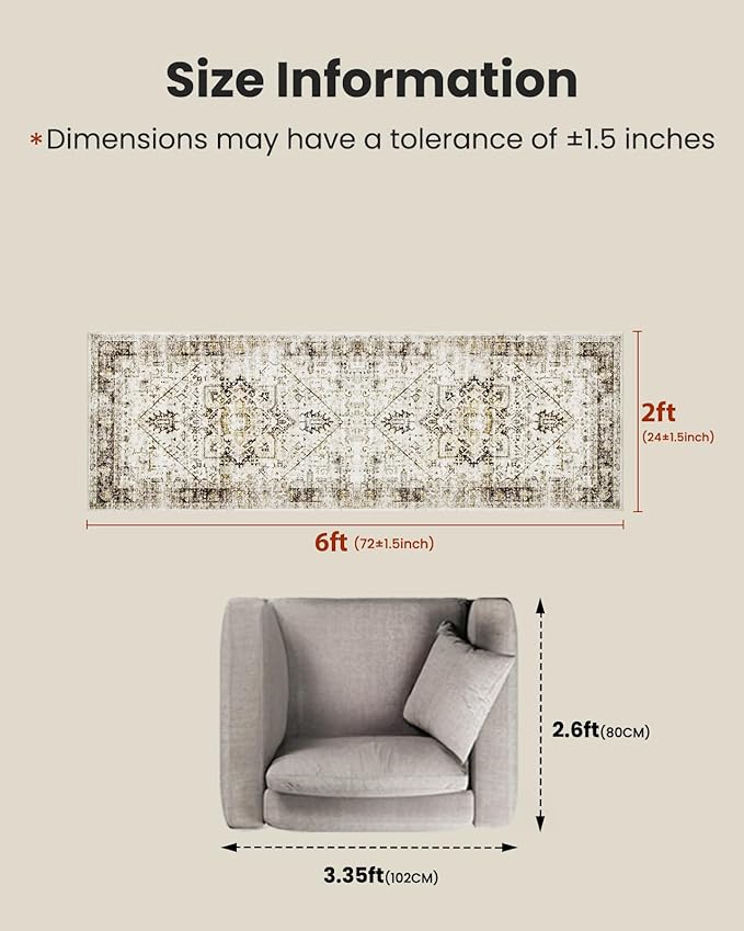 AMADA HOMEFURNISHING 2x6 Washable Runner Rug, Non-Slip Backing & Durable Edge Binding, Vintage Entryway Runner Rug for Bedroom & Hallway