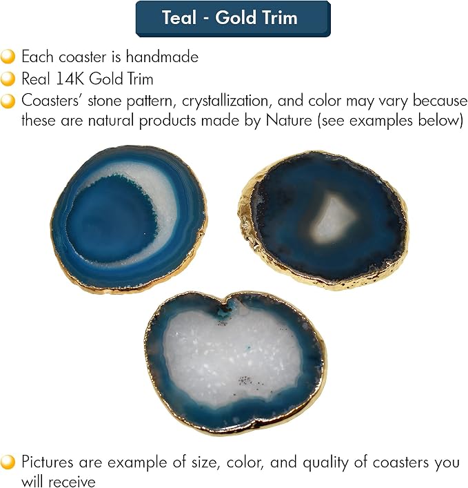 Nature's Decorations Teal Gold Rimmed Agate Stone Coasters - Set of 4, Polished Geode Drink Mats for Dining & Coffee Table & Kitchen Geode Decor Non-Toxic 3.5-4" Diameter