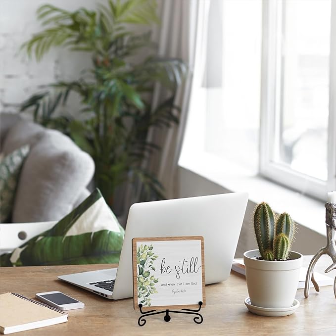 Inspirational Christian Desk Decor, Be Still And Know That I Am God Rutsic Sign, Desk Decorations For Office Home Living Room Bathroom, Eucalyptus Shelf Decor, Wooden Plaque With Stand (03)