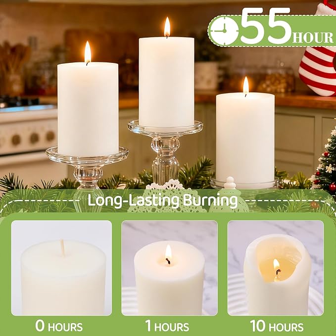 6 Pack Soy White Pillar Candles,Natural Soybean Pillar Candles,330 H Long Burning,2.8x4in Non-Toxic,Unscented,Dripless and Smokeless Rustic Hand-Poured Candles Dinner Table,for Wedding,Home