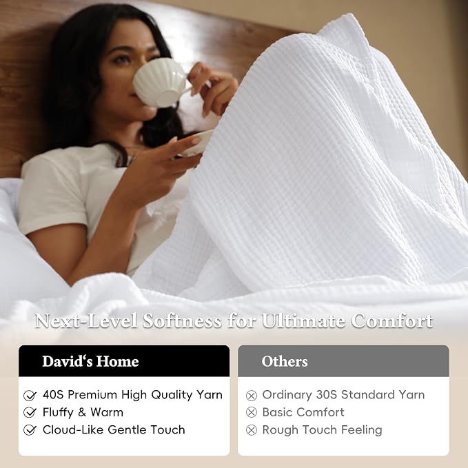 David's Home 100% Cotton Muslin Throw Blanket for College Dorm, 4-Layer Soft Breathable Lightweight Comfy Cozy Throw Guaze for Hot Sleepers, 3D Bubble Room Decor for Bed, Giftable, White, 50"x70"