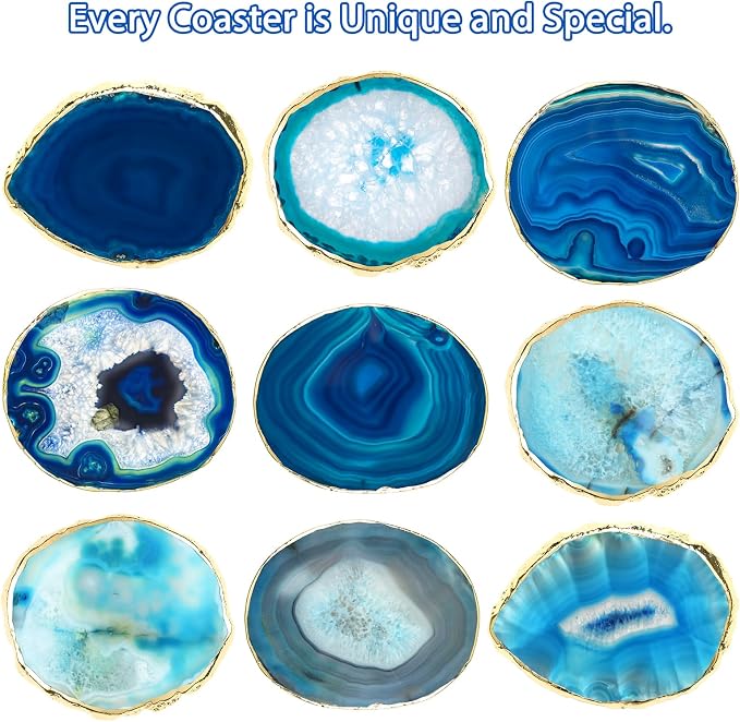 Luxiv Agate Coasters Set of 4 Crystal Drink Coasters with Gift Box (Blue) | Set Of 4 Natural Purple Agate Coasters, 3-4 Inch Crystal Stone With Gold Edge, Gift Box Included For Home Drink And Decor