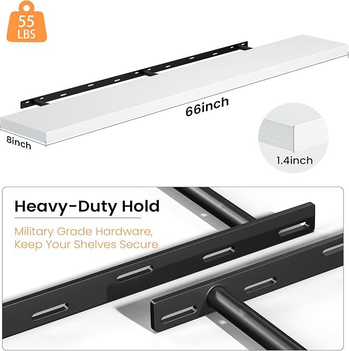 Fun Memories Floating Shelves for Wall, 66 Inch Long Set of 2 Rustic Wood Wall Shelves with Invisible Brackets, Heavy Duty Storage Display for Living Room Bedroom Kitchen, White