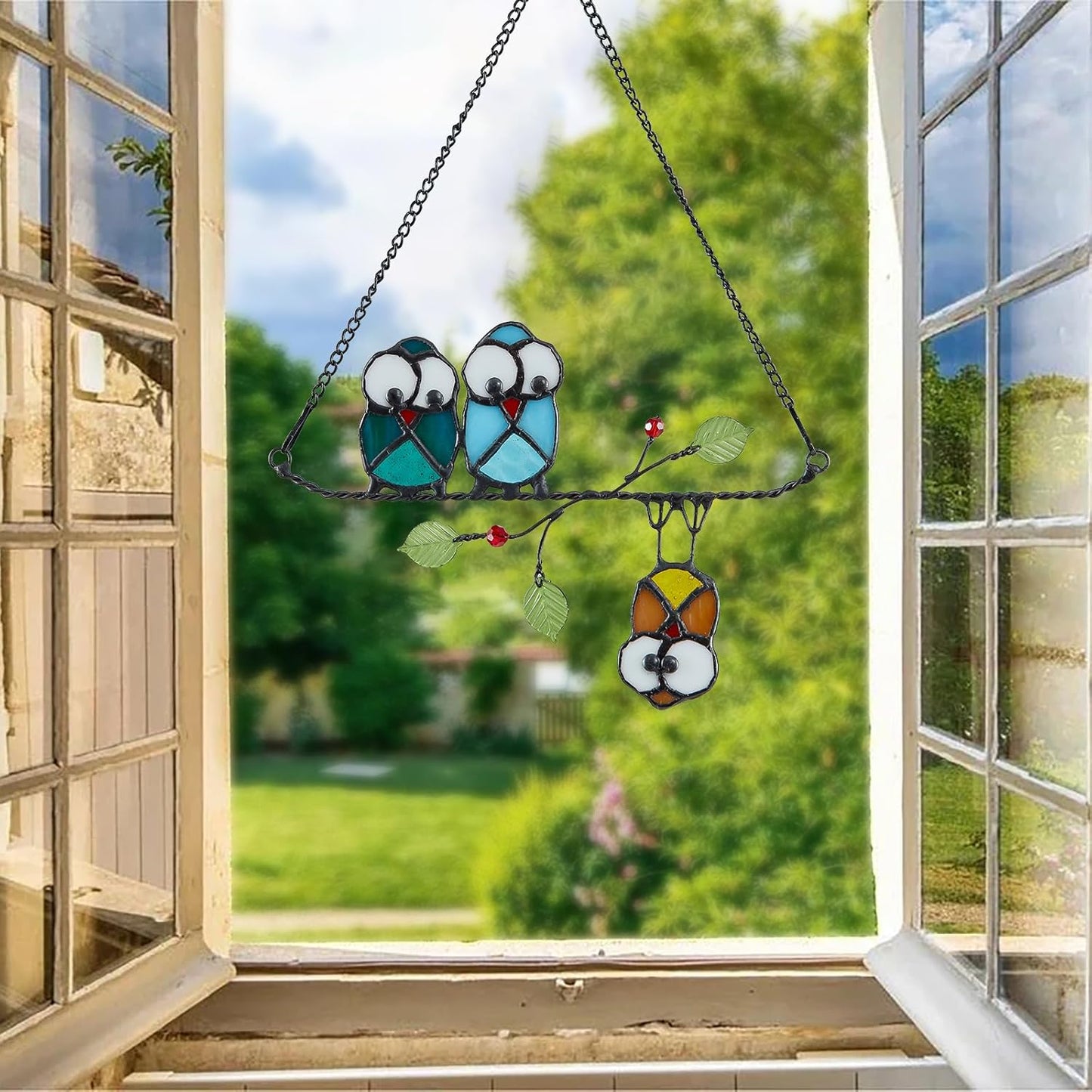 Stained Glass Birds,owl,Stained Glass Window Hanging,Multicolor Owls on The Living Tree with Green Leaf and red Berries,Bird suncatcher for Windows Room Home,Bird Deco,Gift for Mom,and Bird Lovers.