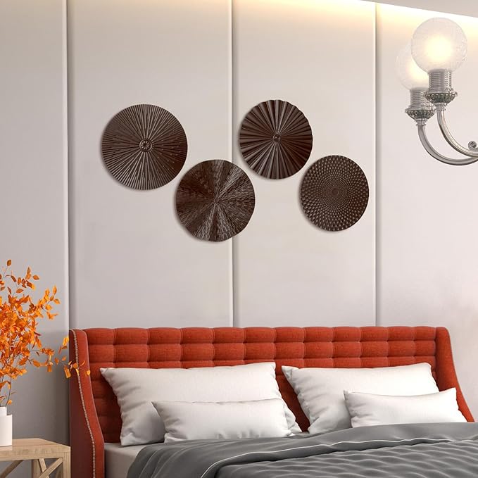 Hicarer 4 Pcs 12 Inch Metal Wall Art Decor Sunburst Hanging Metal Artwork Decor Wall Art Decorations for Home Living Room Office Gift for Christmas(Brown)