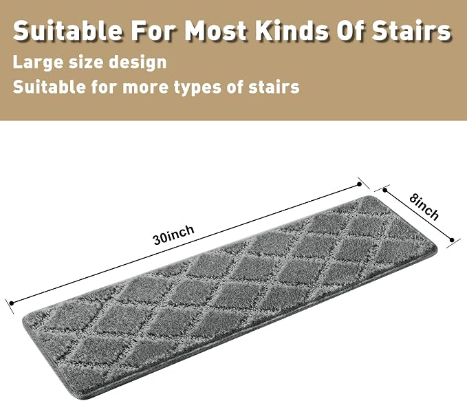 PURE ERA Carpet Stair Treads Tape Free Non Slip Indoor Stair Carpet Stair Protectors Pet-Friendly Non-Slip Skid Resistant Washable Reusable 8" x 30"(7 Pieces,Gray Diamond Trellis)