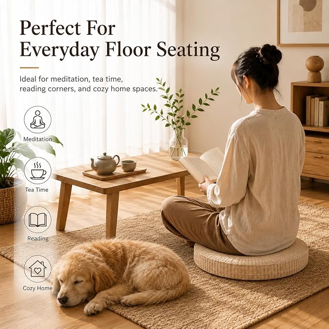 Round Tatami Floor Pillow, Handwoven Natural Straw Seat | Artisan Crafted, EPE Filling, Dia19.7", Comfortable Support, Boho, Lightweight, for Livng Room Meditation Reading Nook Patio