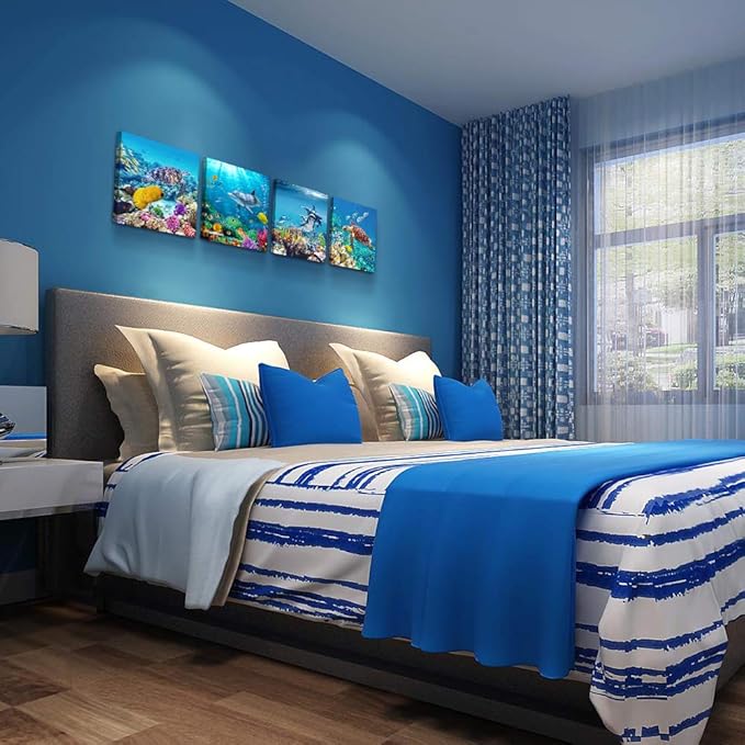 Canvas Wall Art for Living Room- family Bedroom Canvas Pictures Artwork Bathroom Wall Decor- 4 Panels Coral and Sea Fish and Turtles Ocean Theme Stretched and Framed Ready to Hang Modern Home Decor