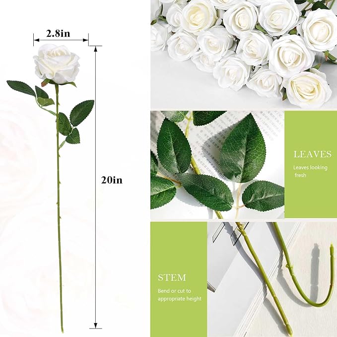 Rowfad 120 Pcs Artificial Roses Bulk Velvet Silk White Roses White Roses for Wedding Centerpieces Bridal Bouquet Mohter's Day Home Decor (120, White)