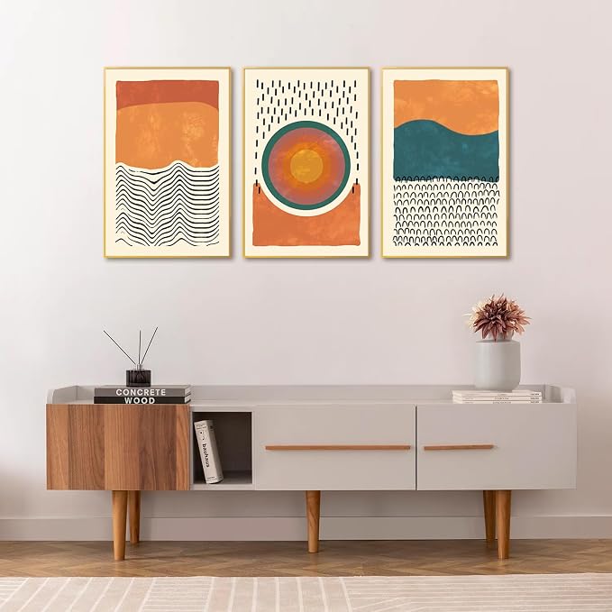 HPINUB Boho Abstract Framed Canvas Prints Wall Art Set, Mid-Century Color Block Shape Wall Decor, Minimalist Illustrations Art Photos for Living Room, Bedroom, Dining Room, Office, Bathroom -