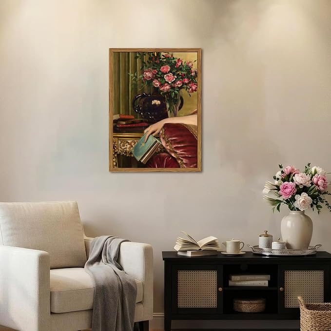 Framed Vintage Wall Art, Moody Victorian Wall Decor Paintings, Mid Century Modern Antique Book Woman Still Life Canvas Prints Pictures Home Decor Aesthetic for Living Room Bedroom Bathroom 12x16 inch