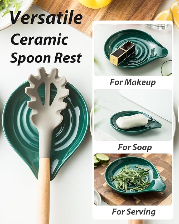LAUCHUH Spoon Rest for Stove Top, 5 inch Ceramic Cooking Spoon Holder for Kitchen Countertop, Heat-Resistant Large Utensil Rest for Mother's Day, Spatula, Ladle or Tongs, Green