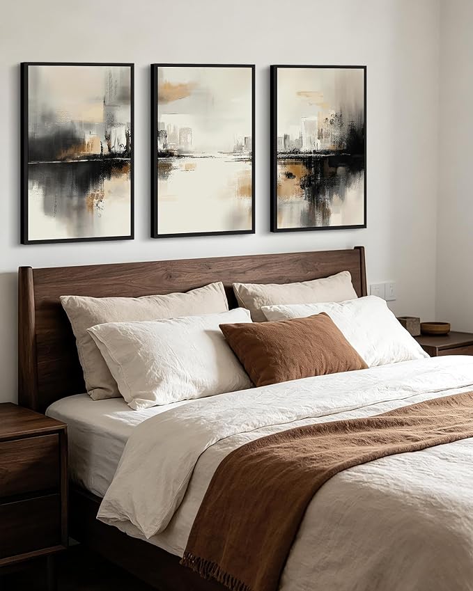 PHOPAGO Black Gray Abstract Landscape Framed Wall Art Large 16x24in Brown Tan Neutral Wall Decor Minimalist Modern Illustrations Prints Bedroom Home Decor - Black Framed