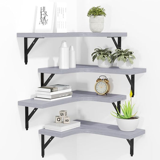 ROMGUAR CRAFT Corner Floating Shelves Wall Mounted Set of 4, Rustic Wood Storage Display Wall Shelves for Home Decor, Bathroom, Kitchen, Bedroom, Living Room, Office (Light Grey)