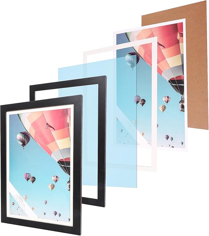 The Display Guys - Black Wooden Minimalist Picture Frames Set - Tempered Glass - 12x18 matted to 11x17 - Wall Hanging - 4-Pack