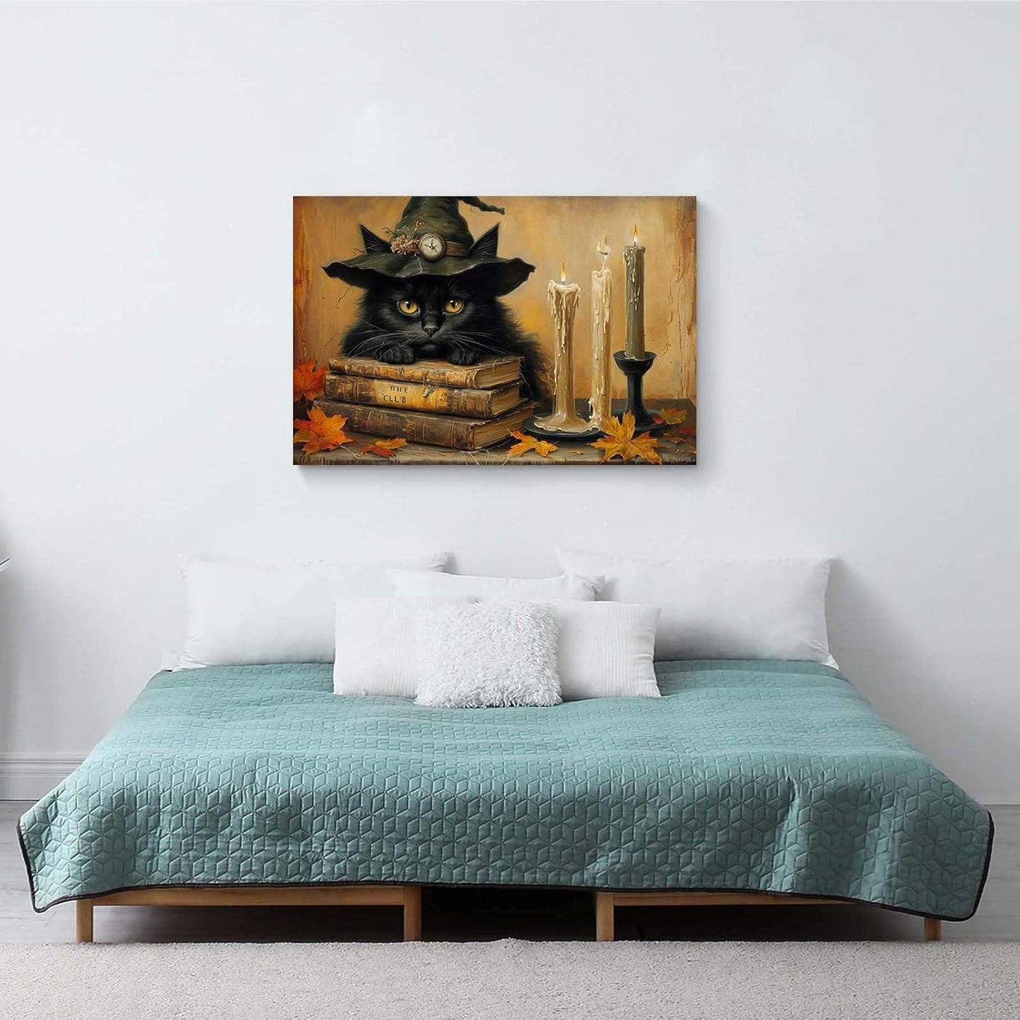 JFHCQJPK Vintage Halloween wall decoration black cat and magic book suitable for home bedroom living room decoration dark classic art witch wall decoration24x36in Frameless