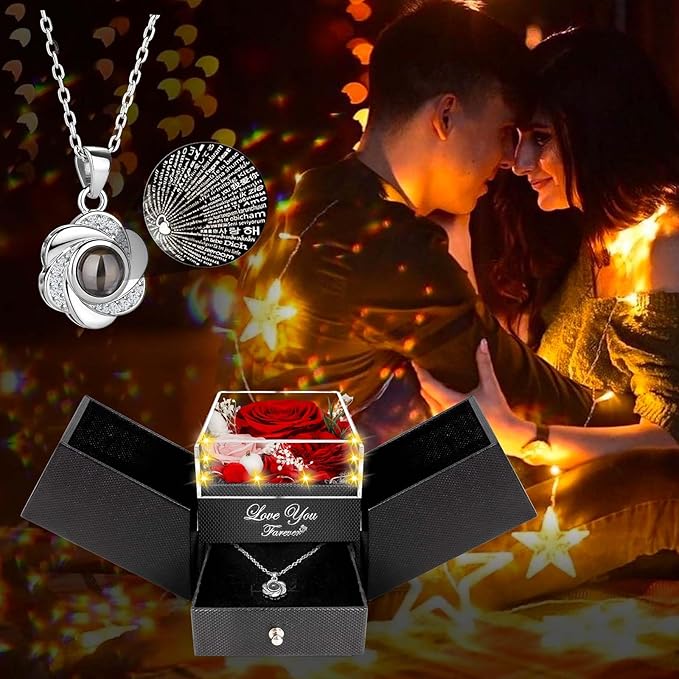 ENERLEAF 3 Preserved Red Real Rose-Eternal Flowers Rose Gifts for Mom Grandma Wife Girlfriend on Mothers Day Birthday Valentines Christmas Anniversary Romantic Gifts for Her with I Love You Necklace