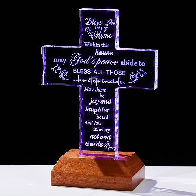 Ornalrist Housewarming Gifts New Home Glass Stand Cross Religious Keepsake with Multicolor LED Wooden Base, House Warming Gift for Couples, Women, Men - Christian Families Decor