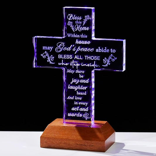 Ornalrist Housewarming Gifts New Home Glass Stand Cross Religious Keepsake with Multicolor LED Wooden Base, House Warming Gift for Couples, Women, Men - Christian Families Decor