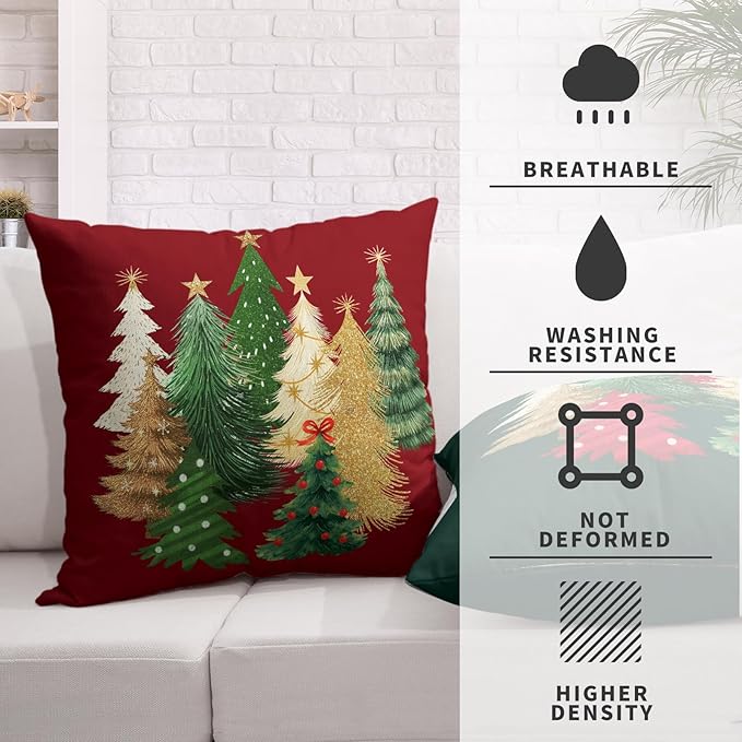 Christmas Pillow Covers Set of 2 Green and Red Xmas Tree Pillow Case 20x20 Winter Holiday Throw Pillow Cases Double Sided Printing Cushion Case for Couch Sofa Home Decor