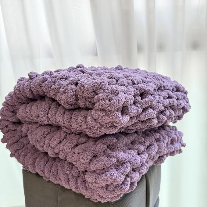Soft Chunky Knit Throw Blanket for Couch, Cozy Warm Knitted Blankets | Hand Knit with Jumbo Chenille, Lightweight Warm Fluffy Decor for Women, Mom, Her & Girls, Sofa, Chair, Bed, 40"×40"(Purple)