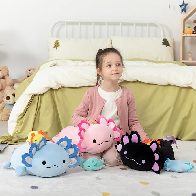 MaoGoLan 4Pcs Giant Axolotl Plush with 3 Babies Inside-23.5" Large Ultra Soft Axolotl Stuffed Animals Throw Pillow-Squishy Stuffed Axolotl Plush Collection Gift for Axolotl Lover,Kids,Teens,Black