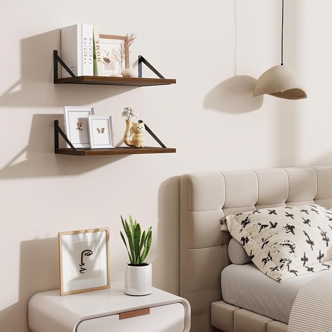 Acovy Floating Shelves for Wall,18" Wall Mounted Shelves Set of 2,Wood Floating Shelf with Bracket,Sturdy Metal Bracket Bookshelves Home Decor Storage for Living Room,Bedroom,Bathroom,Kitchen,Walnut