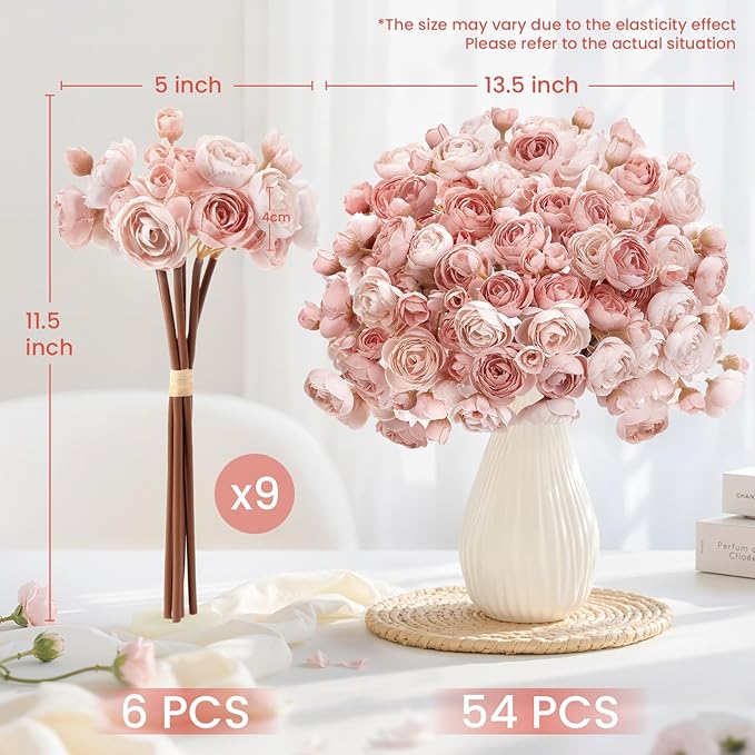 Alupssuc 54Pcs Ranunculus Artificial Flowers Faux Silk Mini Ranunculus, Spring Flowers Artificial Indoor for DIY Bouquets, Bulk Fake Wedding Filler Flowers for Bride Shower Decorations, Dusty Rose