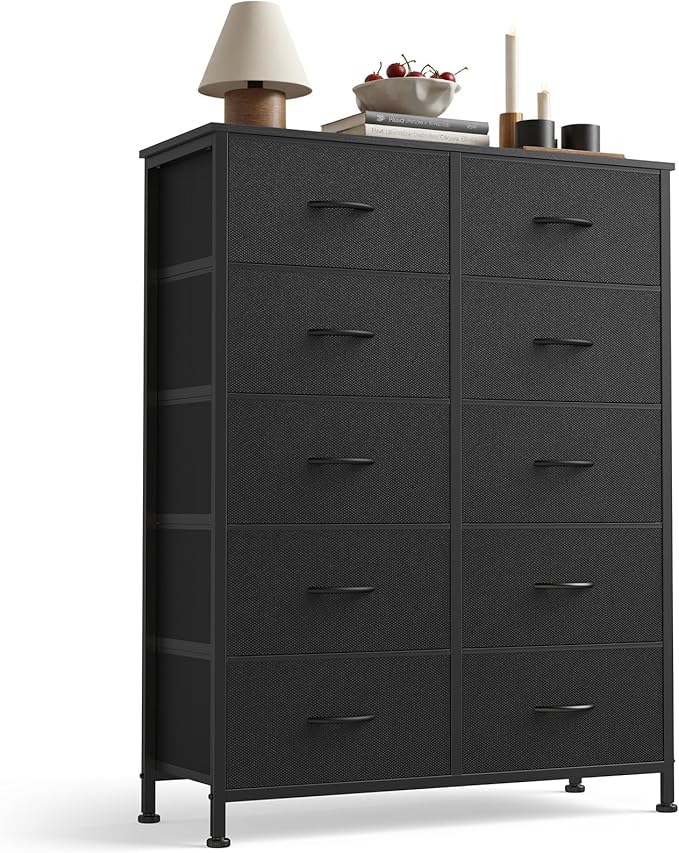 Sweetcrispy Black Dresser for Bedroom, 10 Drawer Tall Dresser, Fabric Storage Tower with Bins, Chest Organizer Unit for Bedroom Closet, Hallway, Steel Frame Wood Top, Easy Pull Handle