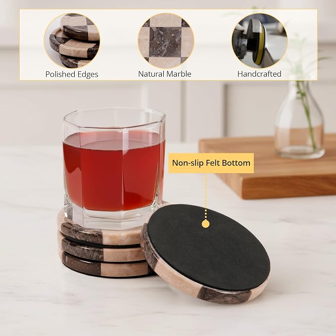 Marble Coasters Set of 4, Oceanic & Verona Handmade 4 inch Round Stone Coaster, Decorative Cup Coaster Plates for Dining Table, Housewarming Gift & Luxury Kitchen Accessories
