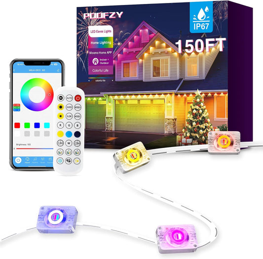 POOFZY Permanent Outdoor Lights for House, 150ft RGB+IC Smart Outdoor Decor, 50 Scene Modes, App/Remote Control, IP68 Waterproof, for Christmas, Holiday, Daily & Pool Party Decor, House Roof Lighting